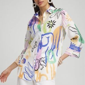 Chico's Artistic Colorful No Iron 100% Linen Surreal 3/4 Sleeve Shirt Size Large